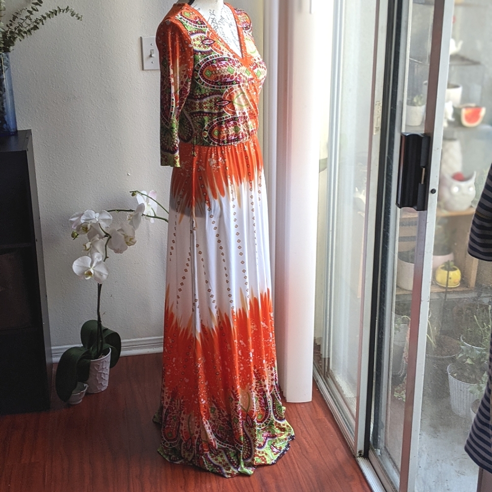 Stunning Side Medium Orange V-Neck Dress 8 10 M